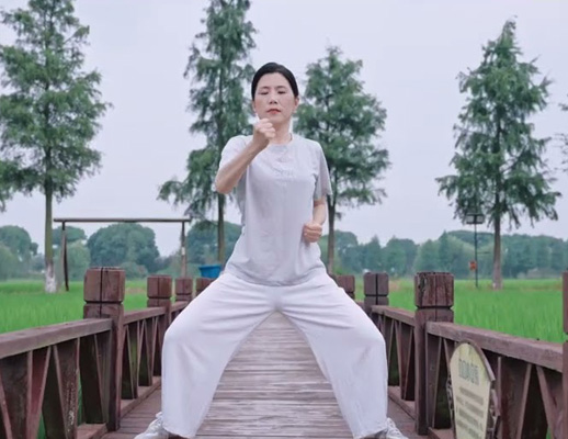 lady doing exercises on wooden bridge